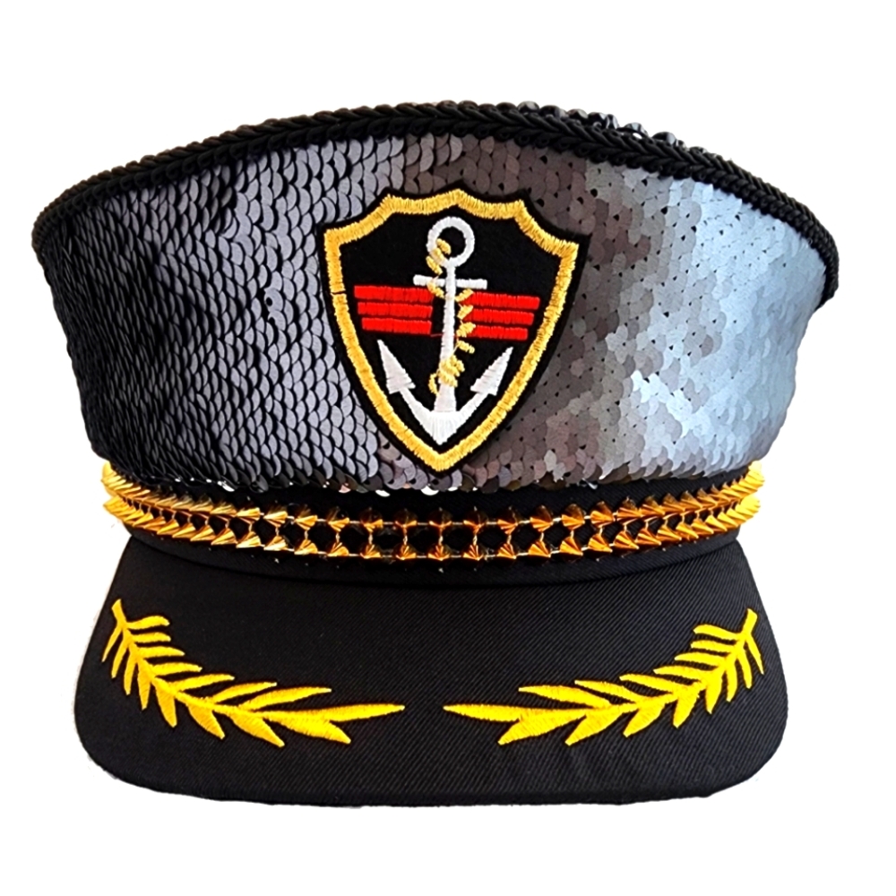 CAPTAIN HAT SEQUIN FABRIC , ADJUSTABLE strap/ Metallic Gray & Silver Color